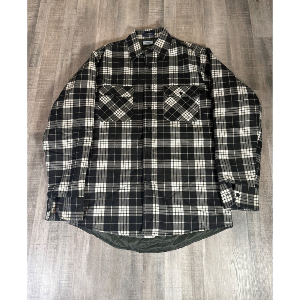 Vintage Fieldmaster Perma-Prest Quilted Flannel Shirt Jacket Black White Plaid M